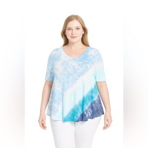 Lane Bryant Aqua Blue Tie-Dye Swing Tunic Top V-Neck Perfect Sleeve Plus 14/16